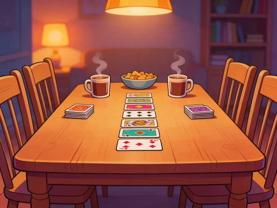 A warm game night table set with cards, hot chocolate and snacks