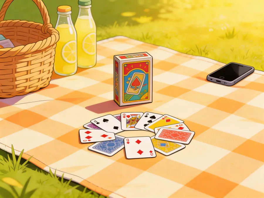 A card game on a picnic blanket with a phone lying face down and forgotten