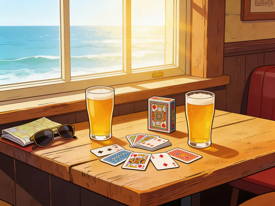 Cards dealt on a sunny pub table between two pints, sea through the window
